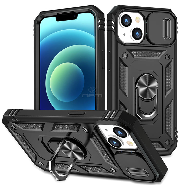 For Apple iPhone 15 6.1 Camera Slide Cover Ring Holder Kickstand Magnetic Mount Hybrid Armor Dual Protective Case Cover Image 1