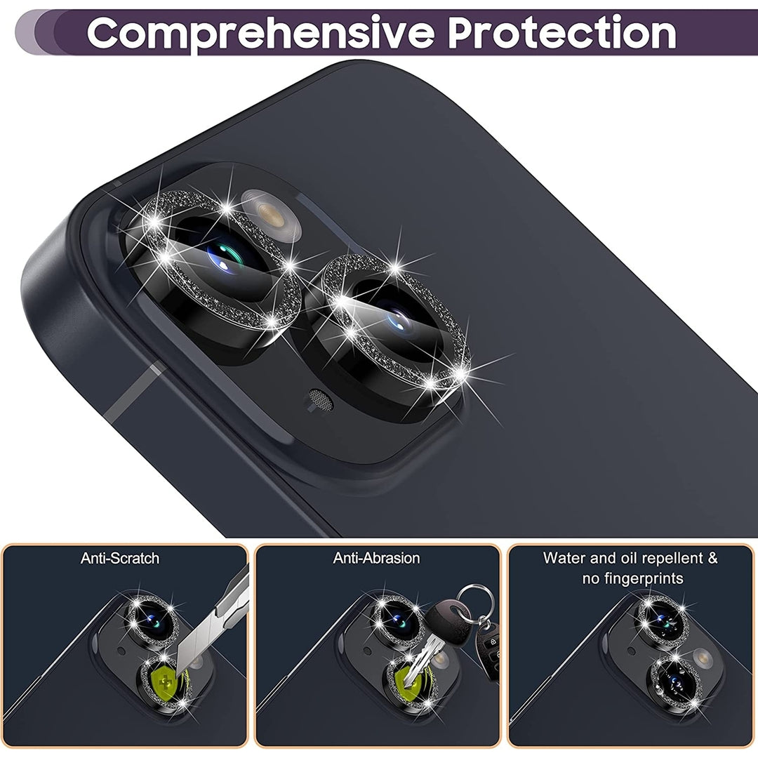 For Apple iPhone 15 / iPhone 15 Plus Bling Bling Ring Crystal Tempered Glass Camera Len Protector Cover Image 4