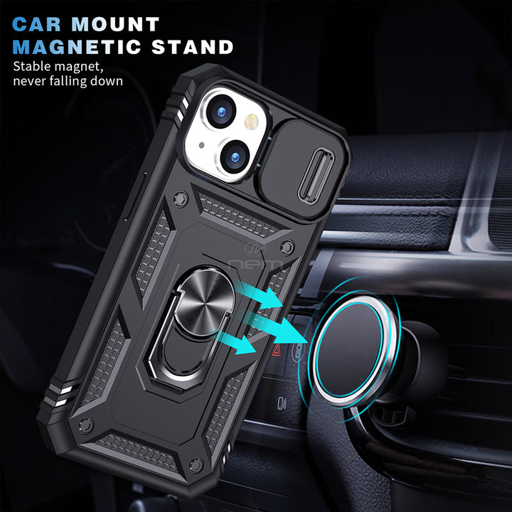 For Apple iPhone 15 6.1 Camera Slide Cover Ring Holder Kickstand Magnetic Mount Hybrid Armor Dual Protective Case Cover Image 4