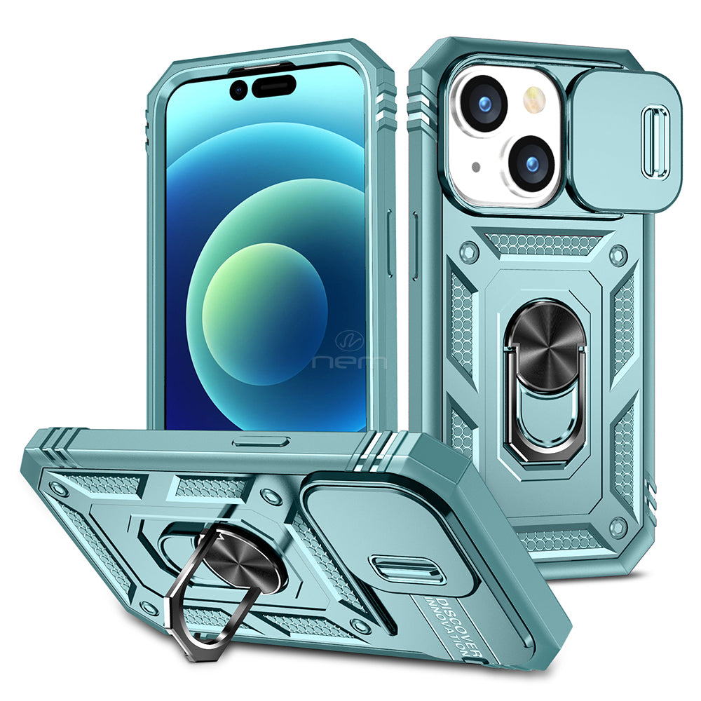 For Apple iPhone 15 6.1 Camera Slide Cover Ring Holder Kickstand Magnetic Mount Hybrid Armor Dual Protective Case Cover Image 9