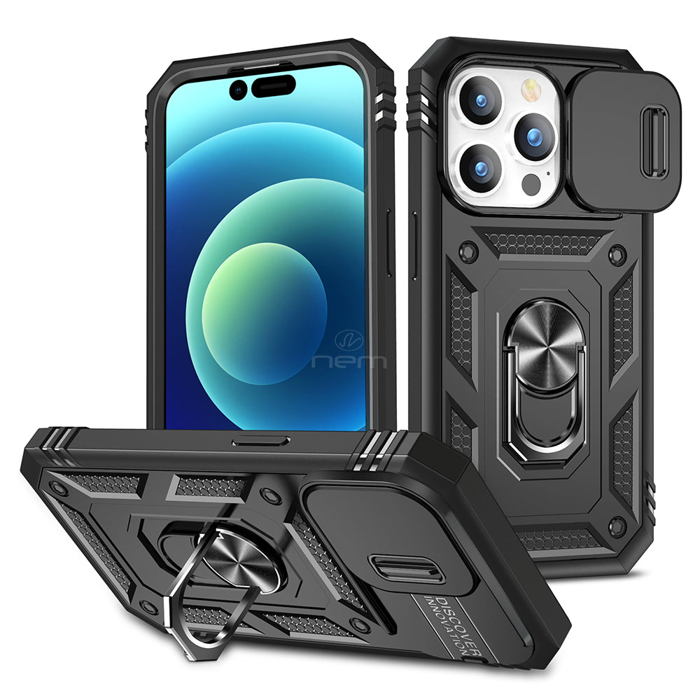 For Apple iPhone 15 Pro 6.1 Camera Slide Cover Ring Holder Kickstand Magnetic Mount Hybrid Armor Dual Protective Case Image 1