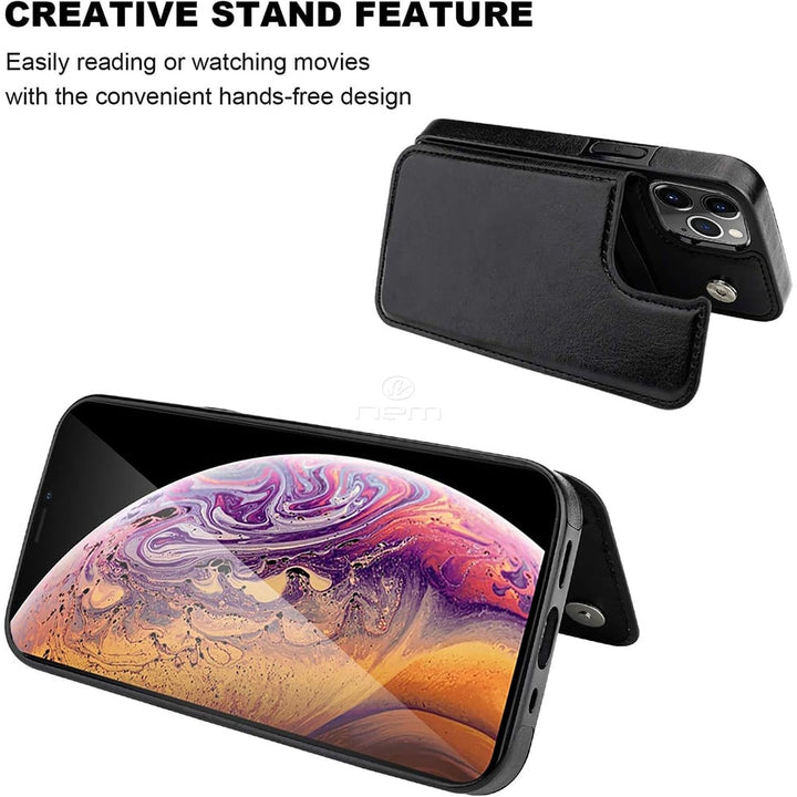 For Apple iPhone 15 Plus 6.7 inch Shockproof Protective Fold Stand Hidden Card Holder Leather Pouch with Metal Button Image 4