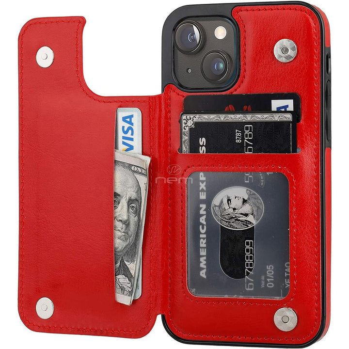 For Apple iPhone 15 Plus 6.7 inch Shockproof Protective Fold Stand Hidden Card Holder Leather Pouch with Metal Button Image 1