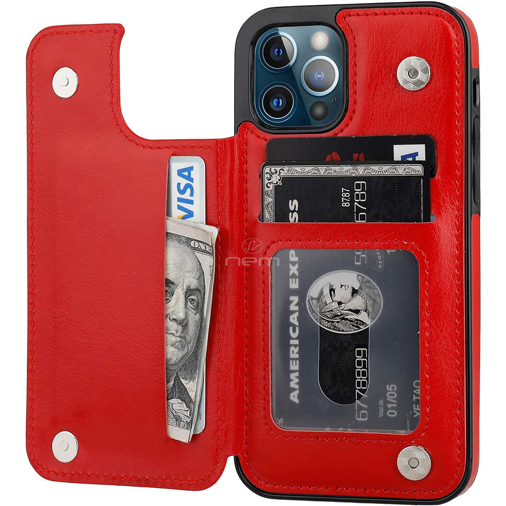 For Apple iPhone 15 Pro Max 6.7 inch Shockproof Protective Fold Stand Hidden Card Holder Leather Pouch with Metal Button Image 8