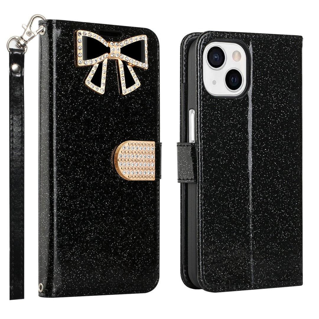 For Apple iPhone 15 6.1 inch Diamond Bow Glitter Full Body Card Slot Folio Stand Leather Wallet Pouch Case Cover Image 1