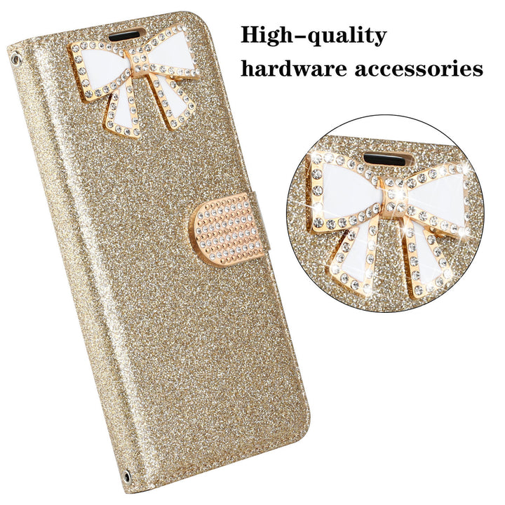 For Apple iPhone 15 6.1 inch Diamond Bow Glitter Full Body Card Slot Folio Stand Leather Wallet Pouch Case Cover Image 3