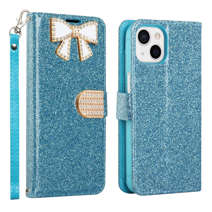 For Apple iPhone 15 6.1 inch Diamond Bow Glitter Full Body Card Slot Folio Stand Leather Wallet Pouch Case Cover Image 7