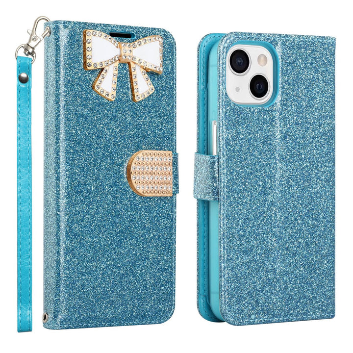 For Apple iPhone 15 6.1 inch Diamond Bow Glitter Full Body Card Slot Folio Stand Leather Wallet Pouch Case Cover Image 1