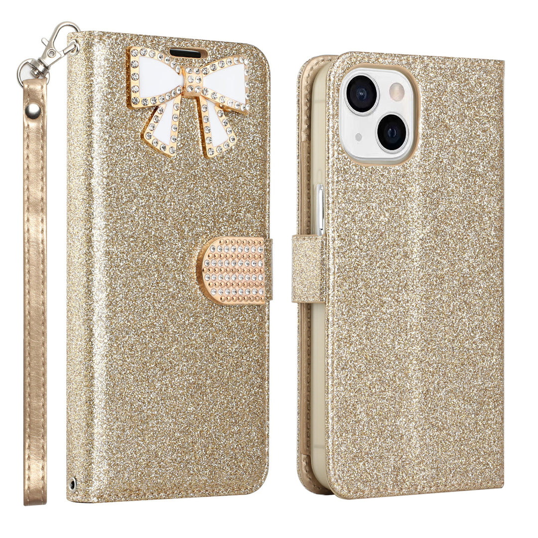 For Apple iPhone 15 6.1 inch Diamond Bow Glitter Full Body Card Slot Folio Stand Leather Wallet Pouch Case Cover Image 8