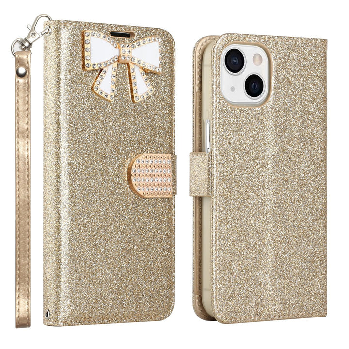 For Apple iPhone 15 6.1 inch Diamond Bow Glitter Full Body Card Slot Folio Stand Leather Wallet Pouch Case Cover Image 1