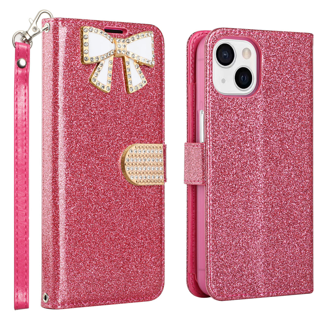 For Apple iPhone 15 6.1 inch Diamond Bow Glitter Full Body Card Slot Folio Stand Leather Wallet Pouch Case Cover Image 9