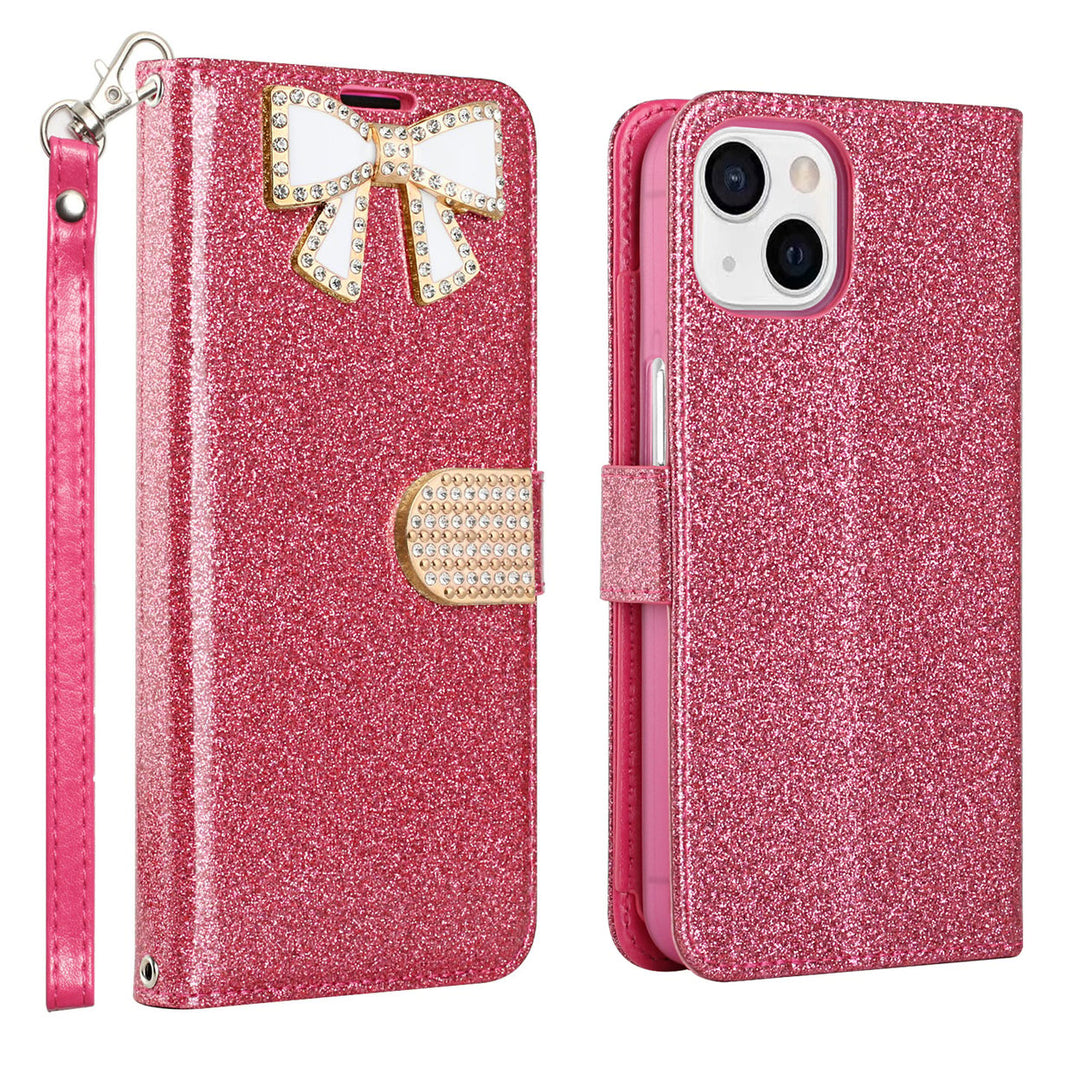 For Apple iPhone 15 6.1 inch Diamond Bow Glitter Full Body Card Slot Folio Stand Leather Wallet Pouch Case Cover Image 1