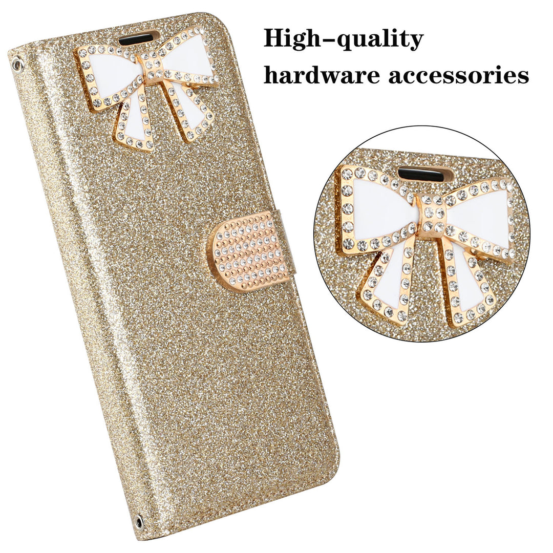 For Apple iPhone 15 Pro 6.1 inch Diamond Bow Glitter Full Body Card Slot Folio Stand Leather Wallet Pouch Case Cover Image 4