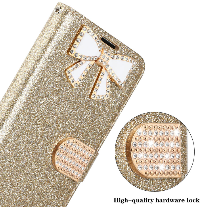 For Apple iPhone 15 Pro 6.1 inch Diamond Bow Glitter Full Body Card Slot Folio Stand Leather Wallet Pouch Case Cover Image 6