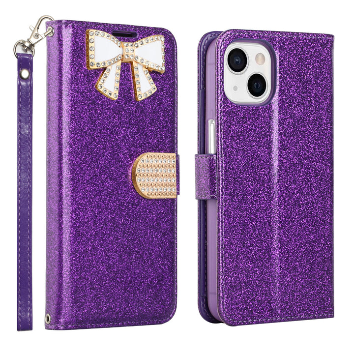 For Apple iPhone 15 6.1 inch Diamond Bow Glitter Full Body Card Slot Folio Stand Leather Wallet Pouch Case Cover Image 10