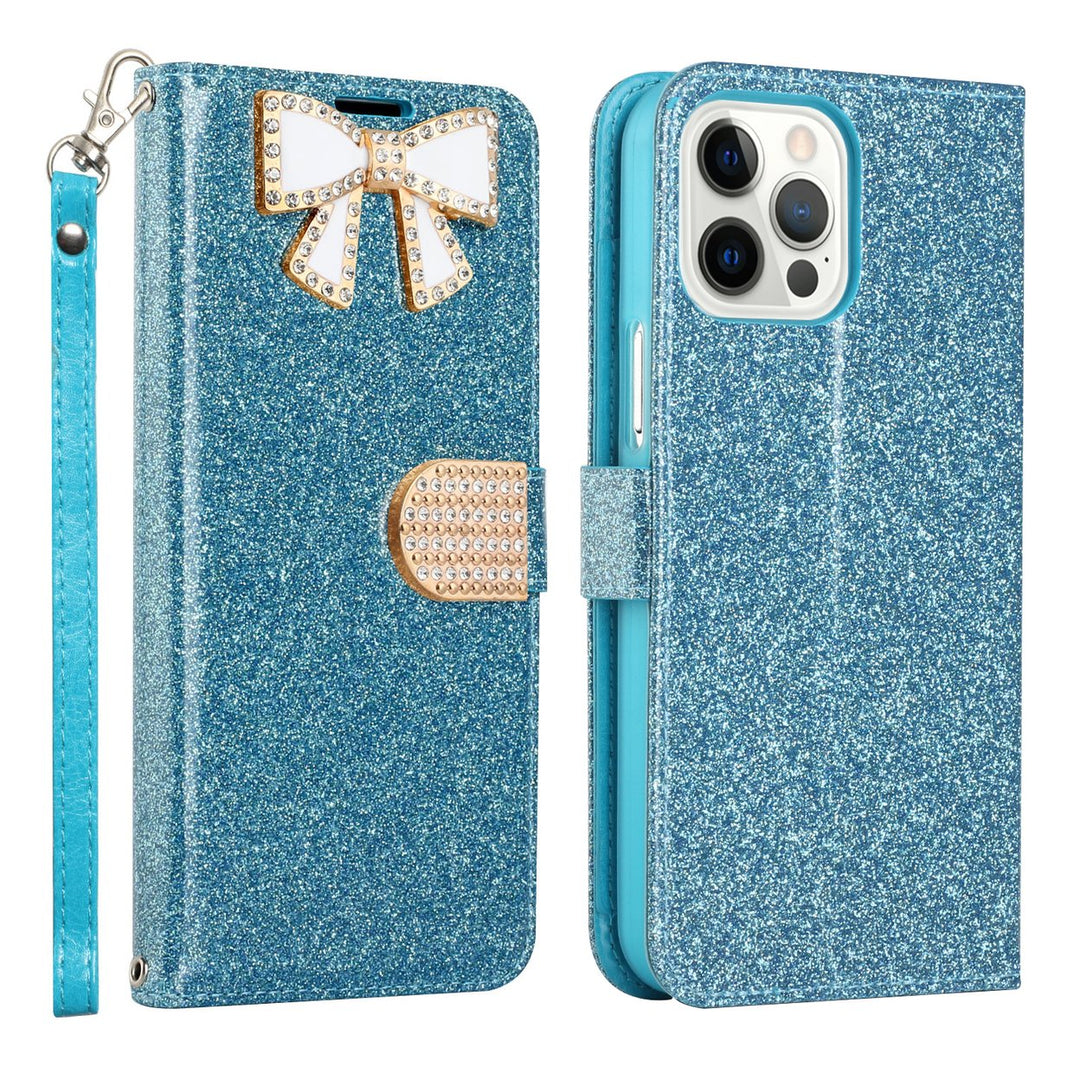 For Apple iPhone 15 Pro 6.1 inch Diamond Bow Glitter Full Body Card Slot Folio Stand Leather Wallet Pouch Case Cover Image 1