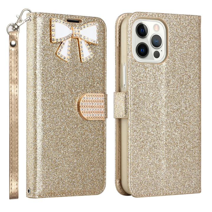 For Apple iPhone 15 Pro 6.1 inch Diamond Bow Glitter Full Body Card Slot Folio Stand Leather Wallet Pouch Case Cover Image 8