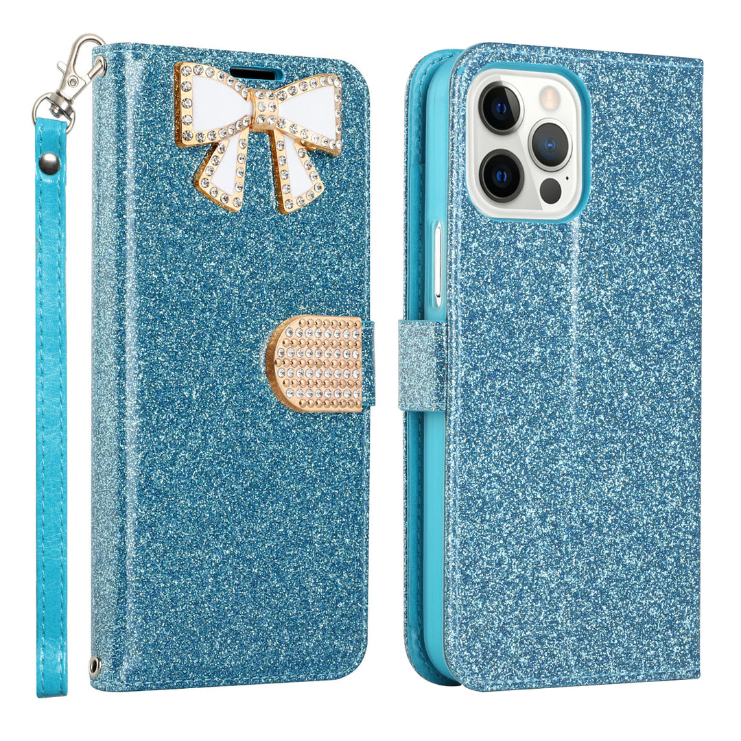 For Apple iPhone 15 Pro Max 6.7 inch Diamond Bow Glitter Full Body Card Slot Folio Stand Leather Wallet Pouch Case Cover Image 7