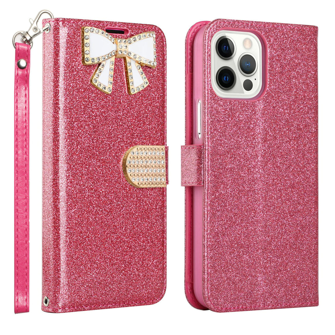 For Apple iPhone 15 Pro 6.1 inch Diamond Bow Glitter Full Body Card Slot Folio Stand Leather Wallet Pouch Case Cover Image 1