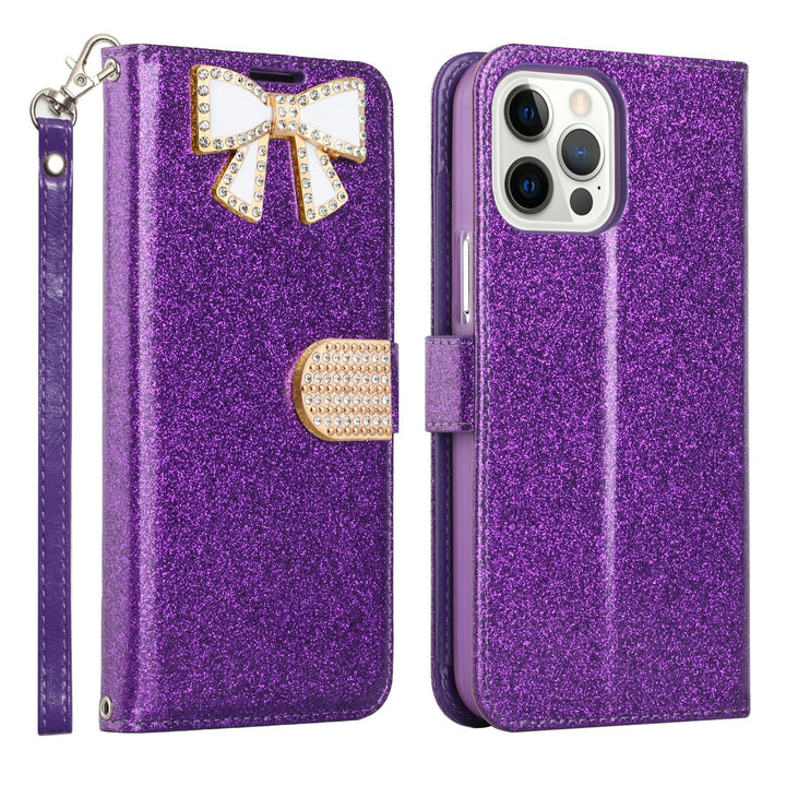 For Apple iPhone 15 Pro 6.1 inch Diamond Bow Glitter Full Body Card Slot Folio Stand Leather Wallet Pouch Case Cover Image 1