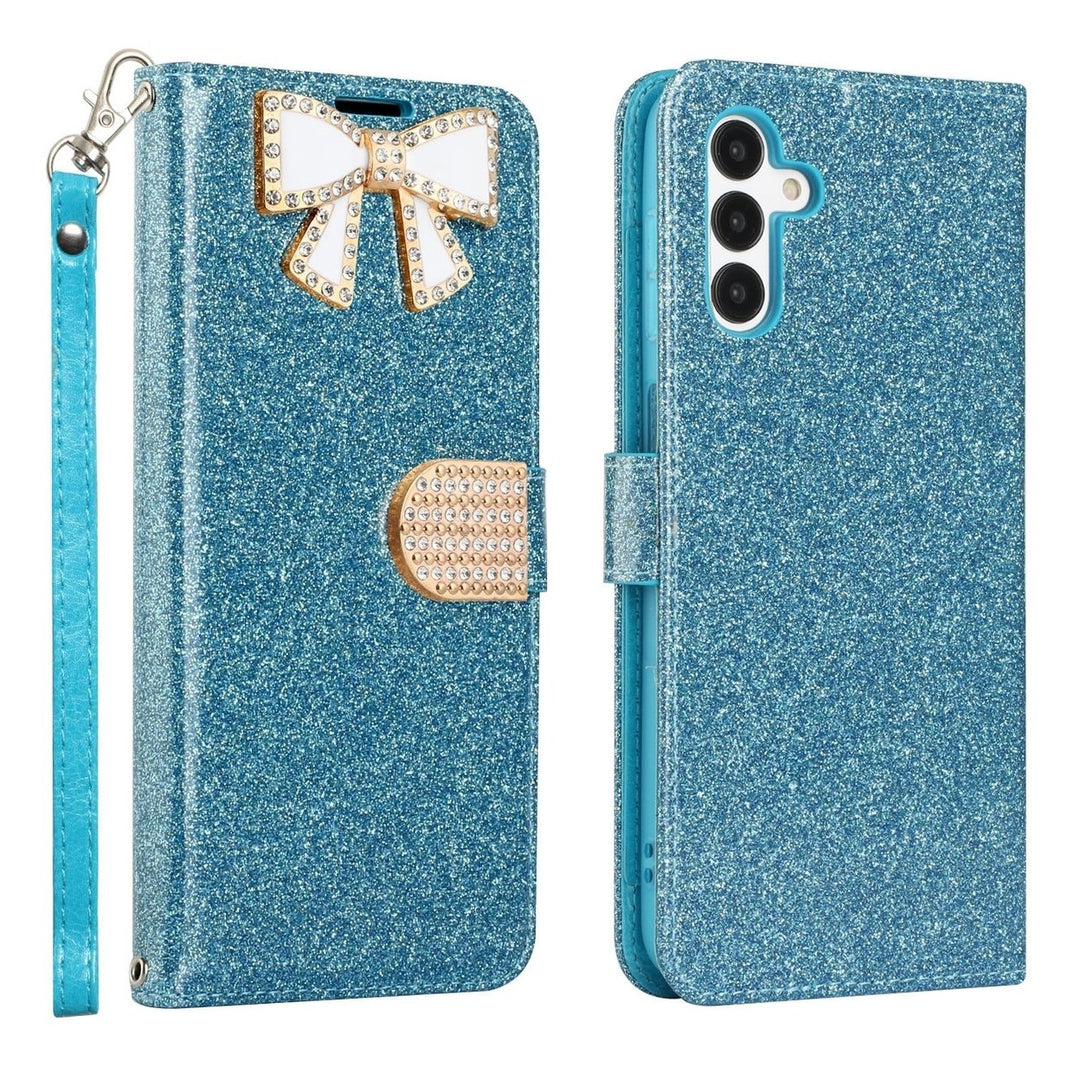 For Samsung Galaxy A14 5G / SM-A146 Diamond Bow Glitter Full Body Card Slot Folio Stand Leather Wallet Pouch Case Cover Image 6