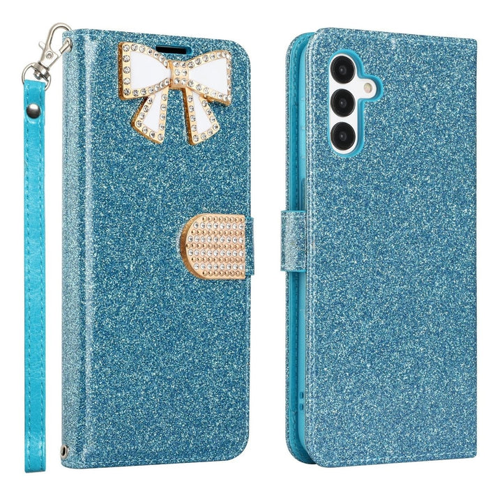 For Samsung Galaxy A14 5G / SM-A146 Diamond Bow Glitter Full Body Card Slot Folio Stand Leather Wallet Pouch Case Cover Image 6