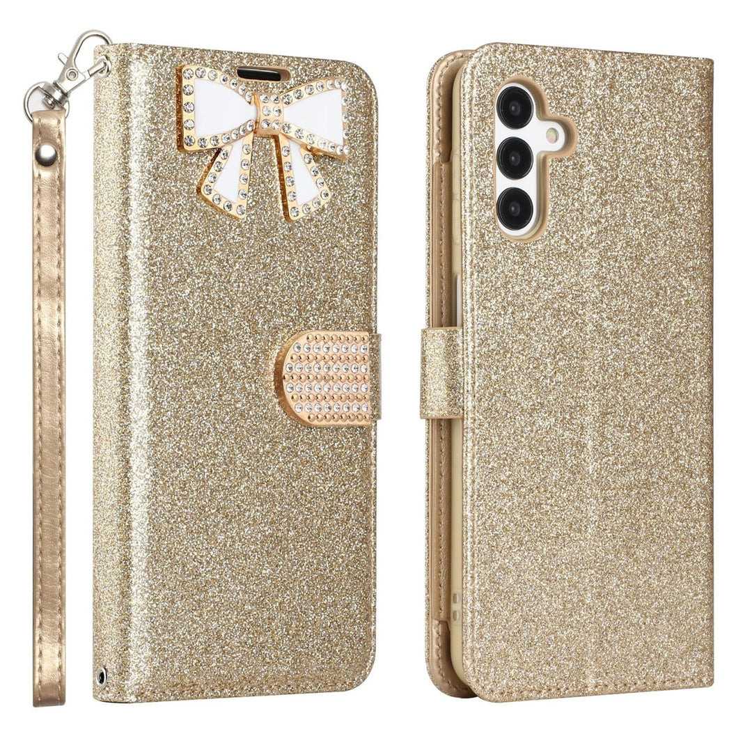 For Samsung Galaxy A13 5G / SM-A136 Diamond Bow Glitter Full Body Card Slot Folio Stand Leather Wallet Pouch Case Cover Image 7