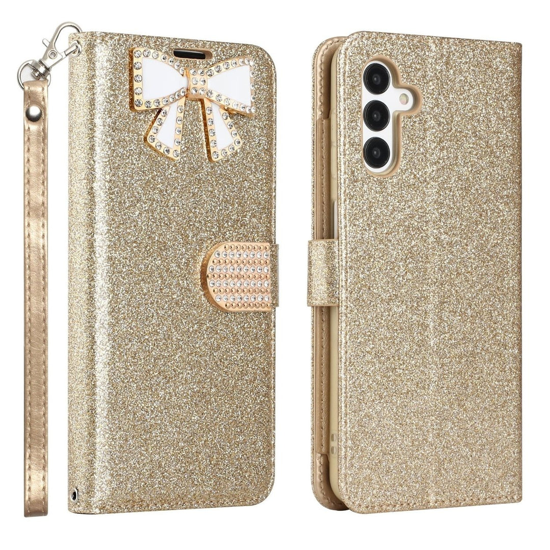 For Samsung Galaxy A13 5G / SM-A136 Diamond Bow Glitter Full Body Card Slot Folio Stand Leather Wallet Pouch Case Cover Image 1