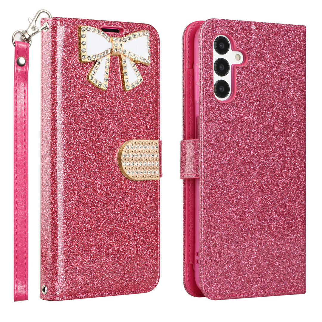 For Samsung Galaxy A14 5G / SM-A146 Diamond Bow Glitter Full Body Card Slot Folio Stand Leather Wallet Pouch Case Cover Image 8