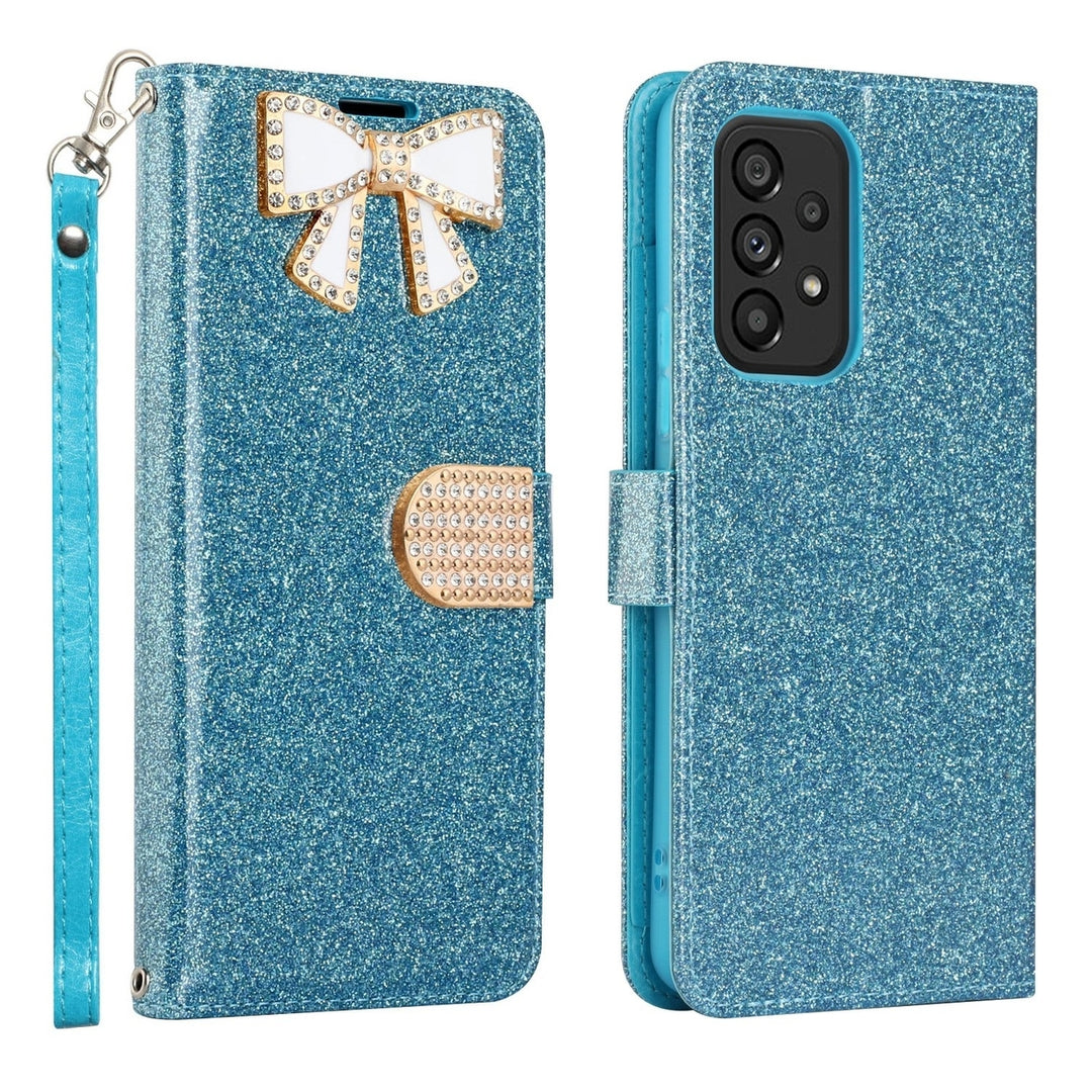 For Samsung Galaxy A53 5G / SM-A536 Diamond Bow Glitter Full Body Card Slot Folio Stand Leather Wallet Pouch Case Cover Image 6