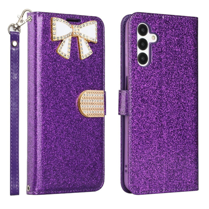 For Samsung Galaxy A13 5G / SM-A136 Diamond Bow Glitter Full Body Card Slot Folio Stand Leather Wallet Pouch Case Cover Image 9