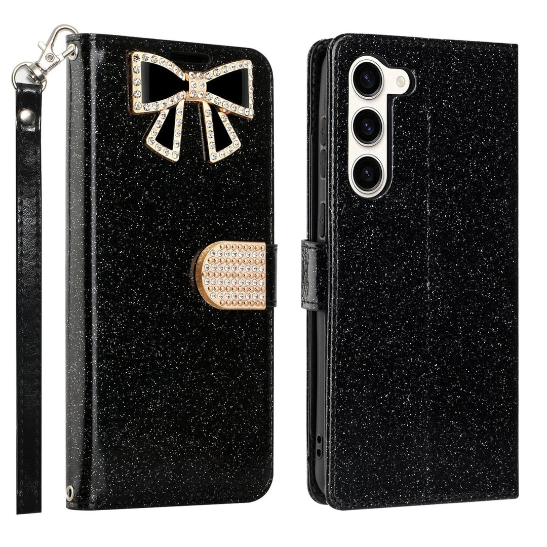 Samsung Galaxy S23 Plus / SM-S916 Diamond Bow Glitter Full Body Card Slot Folio Stand Leather Wallet Pouch Case Cover Image 1