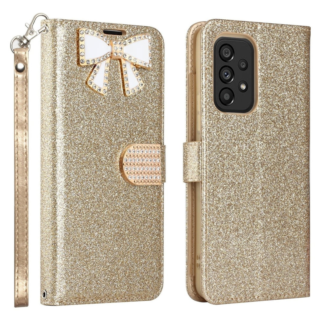 For Samsung Galaxy A53 5G / SM-A536 Diamond Bow Glitter Full Body Card Slot Folio Stand Leather Wallet Pouch Case Cover Image 7