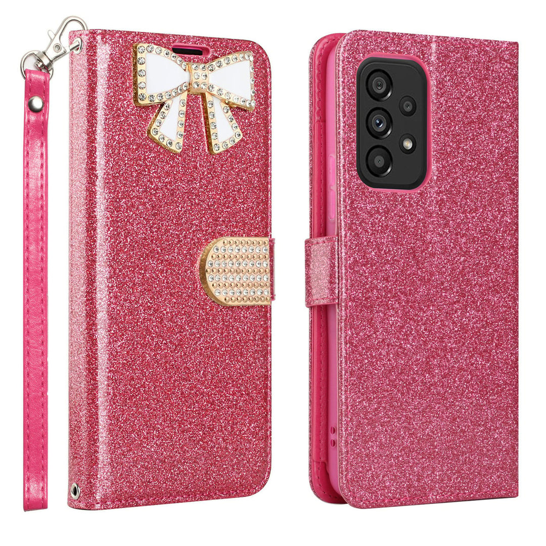 For Samsung Galaxy A53 5G / SM-A536 Diamond Bow Glitter Full Body Card Slot Folio Stand Leather Wallet Pouch Case Cover Image 8