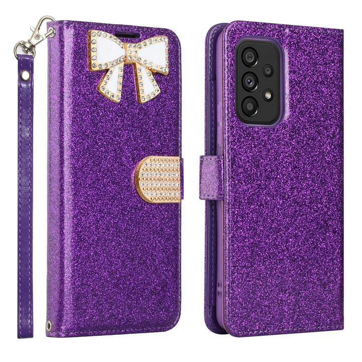 For Samsung Galaxy A53 5G / SM-A536 Diamond Bow Glitter Full Body Card Slot Folio Stand Leather Wallet Pouch Case Cover Image 9