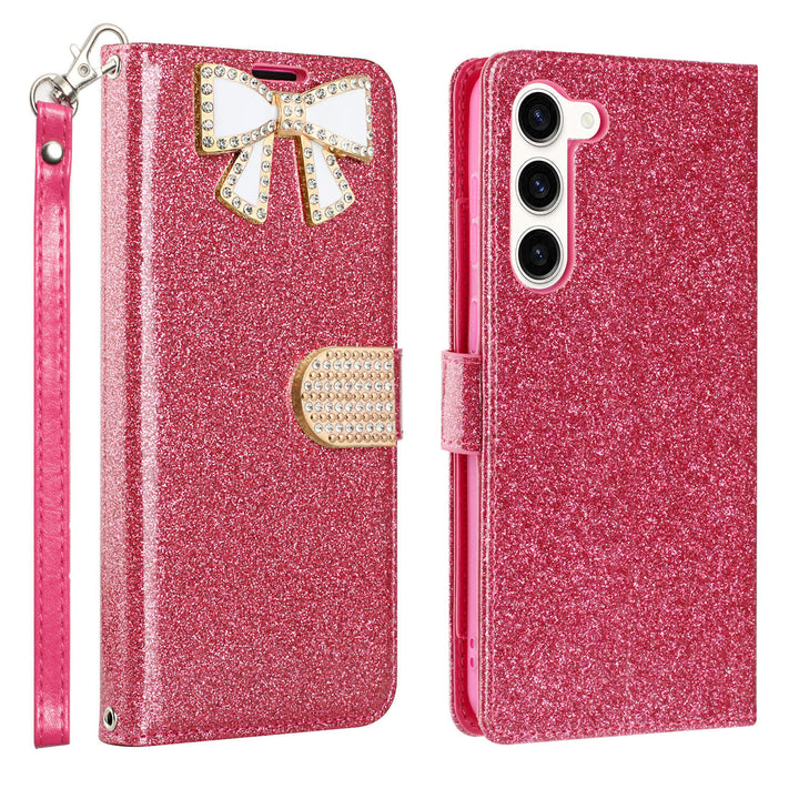 Samsung Galaxy S23 Plus / SM-S916 Diamond Bow Glitter Full Body Card Slot Folio Stand Leather Wallet Pouch Case Cover Image 9