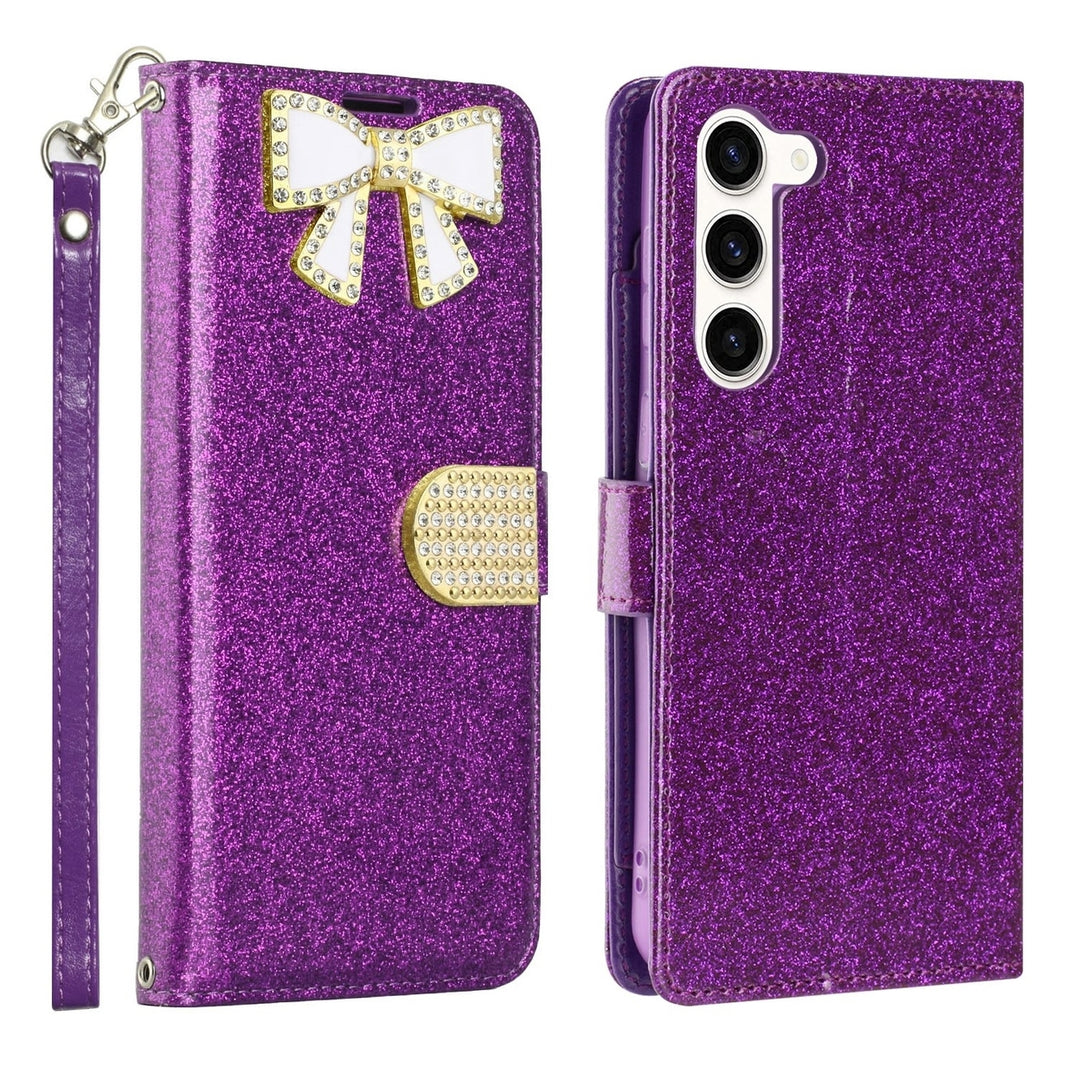 Samsung Galaxy S23 Plus / SM-S916 Diamond Bow Glitter Full Body Card Slot Folio Stand Leather Wallet Pouch Case Cover Image 10