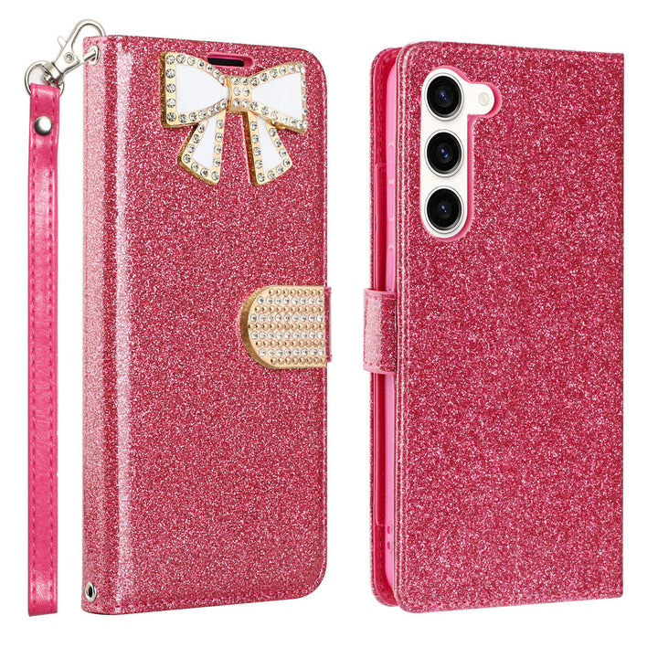 Samsung Galaxy S23 / SM-S911 Diamond Bow Glitter Full Body Card Slot Folio Stand Leather Wallet Pouch Case Cover Image 1