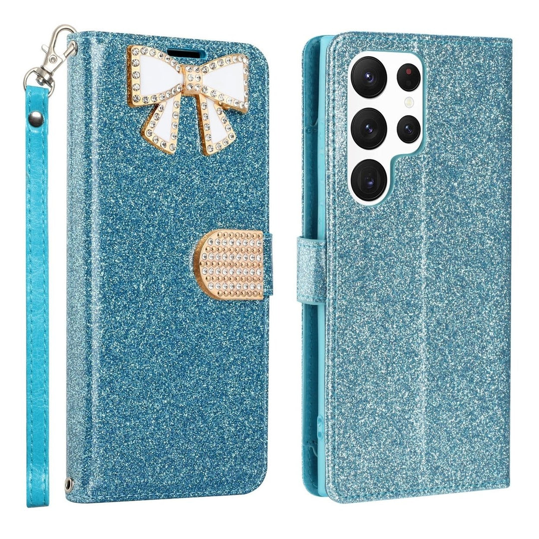 Samsung Galaxy S23 Ultra Wallet Case Glitter Bow Rhinestone Card Slot Folio Cover Image 7