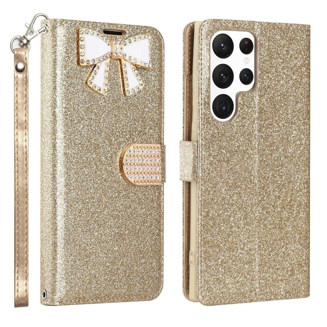 Samsung Galaxy S23 Ultra Wallet Case Glitter Bow Rhinestone Card Slot Folio Cover Image 8