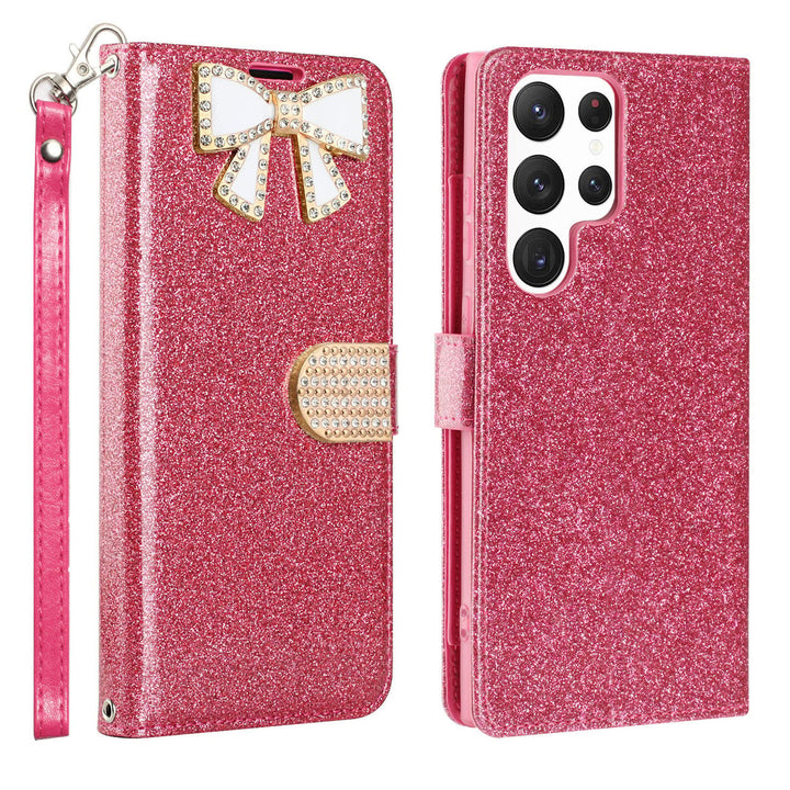 Samsung Galaxy S23 Ultra Wallet Case Glitter Bow Rhinestone Card Slot Folio Cover Image 9