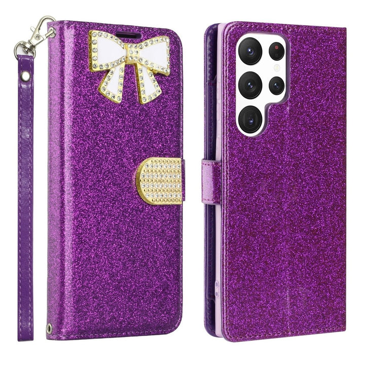 Samsung Galaxy S23 Ultra Wallet Case Glitter Bow Rhinestone Card Slot Folio Cover Image 10