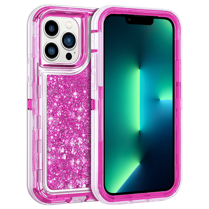 For Apple iPhone 15 Pro 6.1 inch Dual Layer Protective Shockproof Tough Defender Sparkling Liquid Glitter Heart Case Image 3