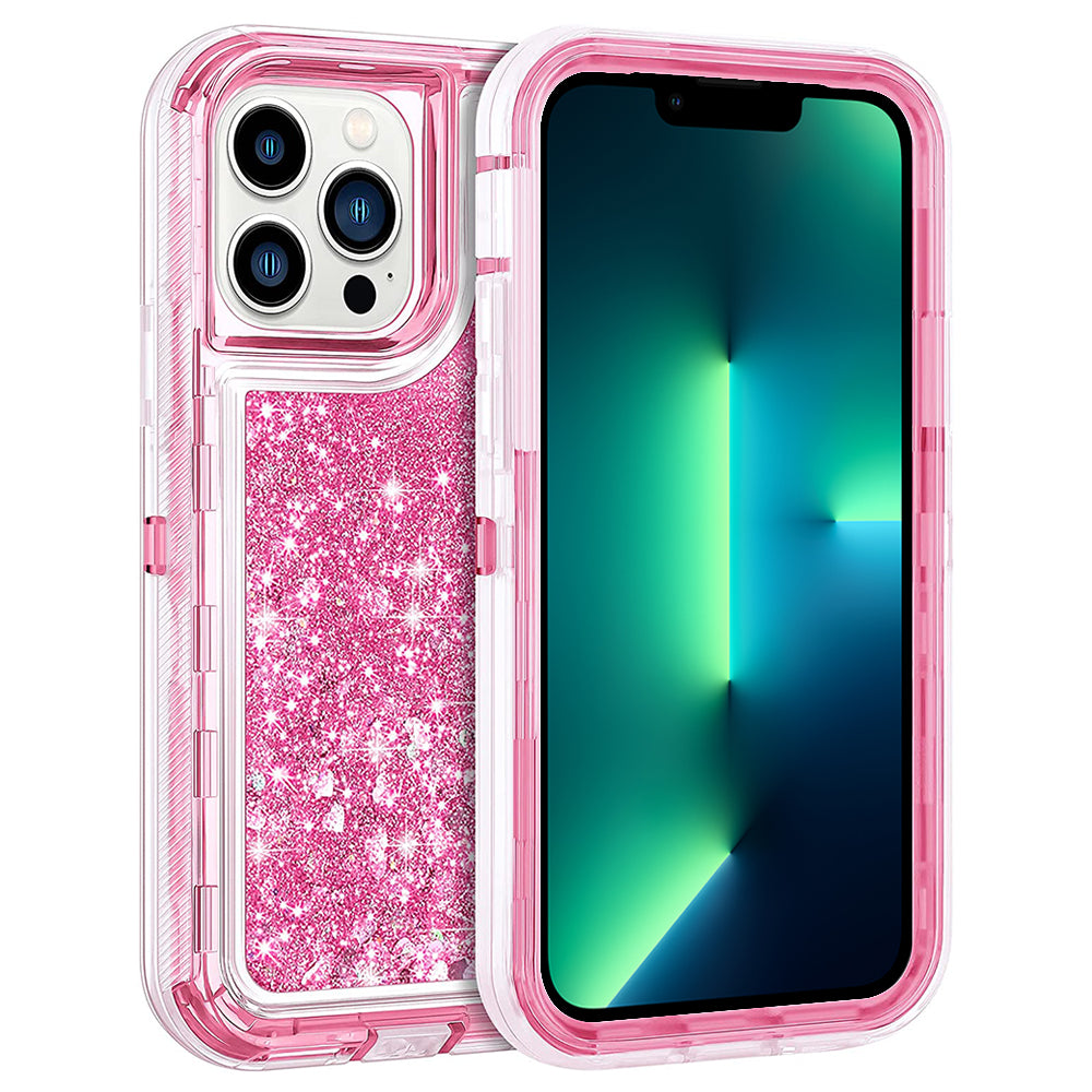 For Apple iPhone 15 Pro 6.1 inch Dual Layer Protective Shockproof Tough Defender Sparkling Liquid Glitter Heart Case Image 1