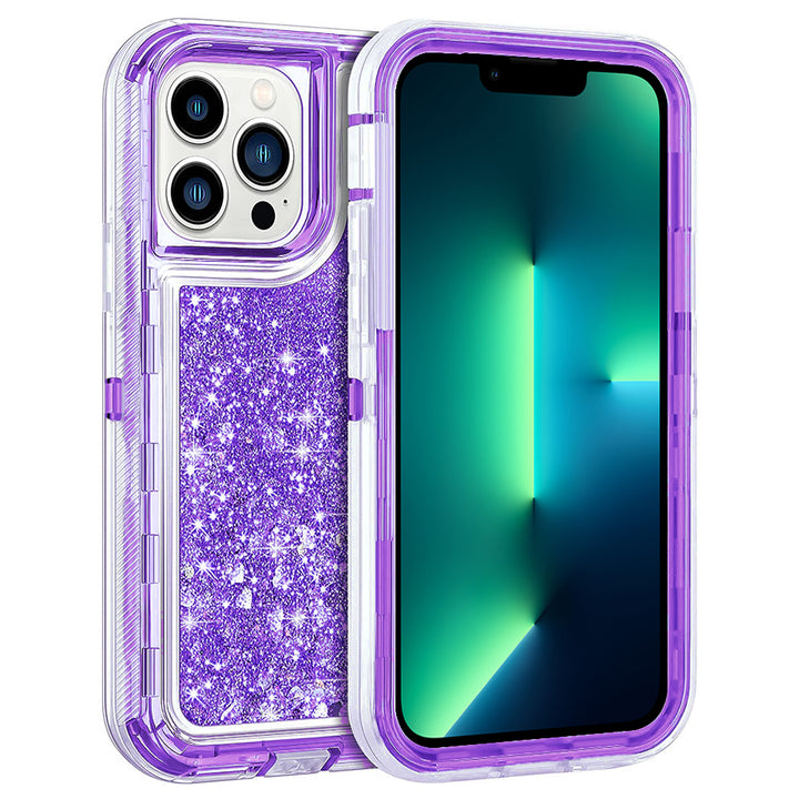 For Apple iPhone 15 Pro 6.1 inch Dual Layer Protective Shockproof Tough Defender Sparkling Liquid Glitter Heart Case Image 1