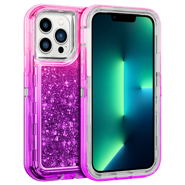 For Apple iPhone 15 Pro Max 6.7 inch Dual Layer Protective Shockproof Tough Defender Sparkling Liquid Glitter Heart Case Image 1