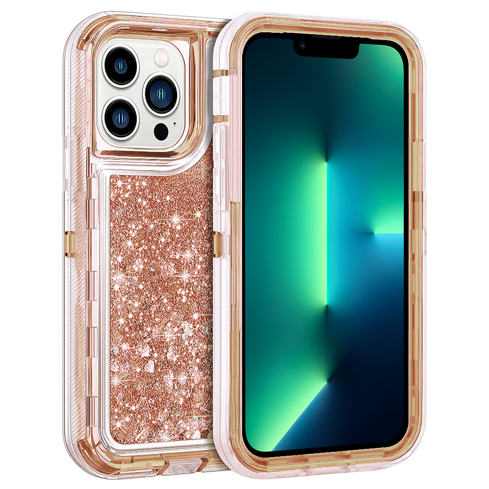 For Apple iPhone 15 Pro Max 6.7 inch Dual Layer Protective Shockproof Tough Defender Sparkling Liquid Glitter Heart Case Image 1