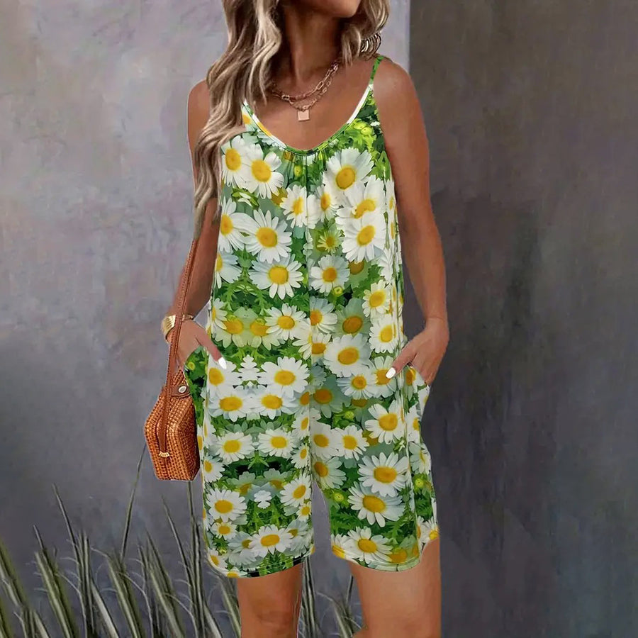 Daisy Full Print Jumpsuit Casual Spaghetti Sleeveless Short Length Jumpsuit Womens Clothing Image 1