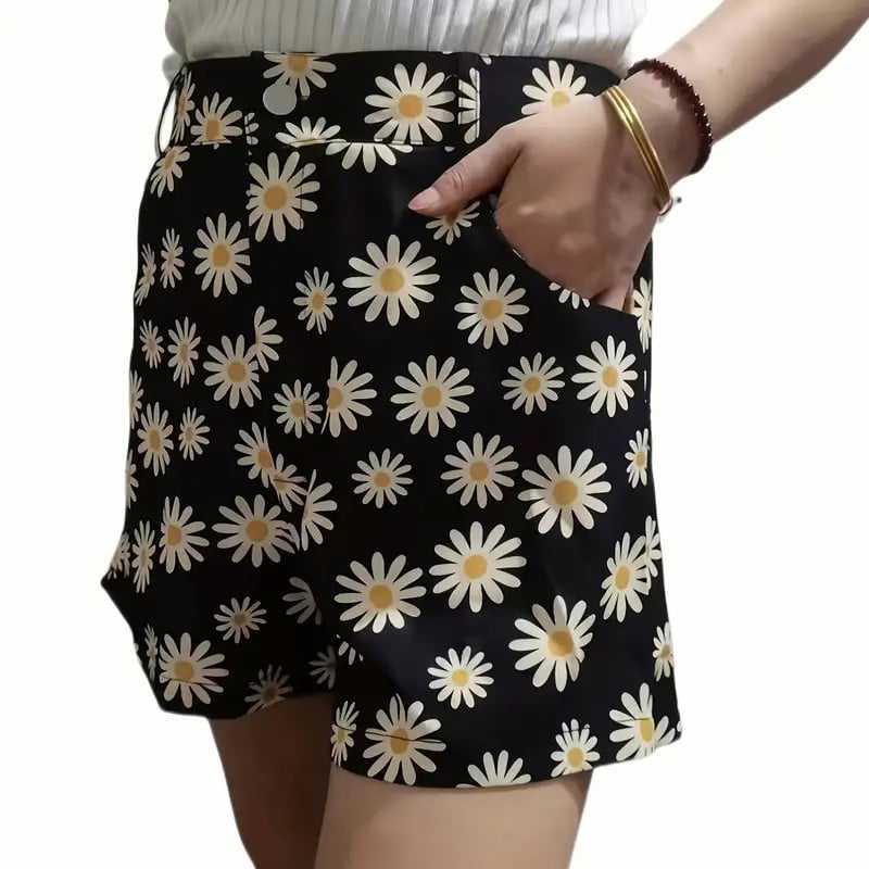 Daisy Print Versatile Shorts Casual High Waist Shorts Womens Clothing Image 1