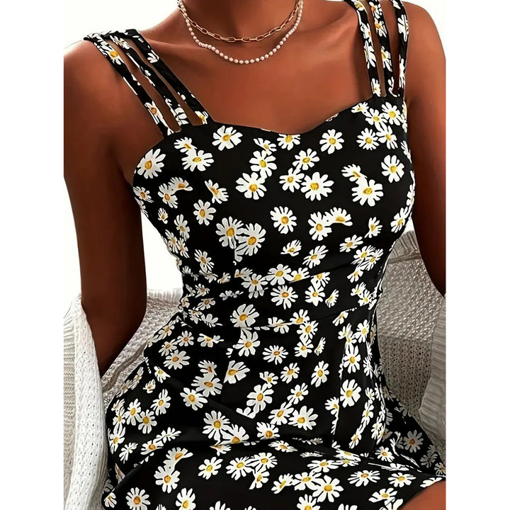 Daisy Print Spaghetti Strap Dress Sexy Sleeveless Bag Hip Dress Womens Clothing Image 3